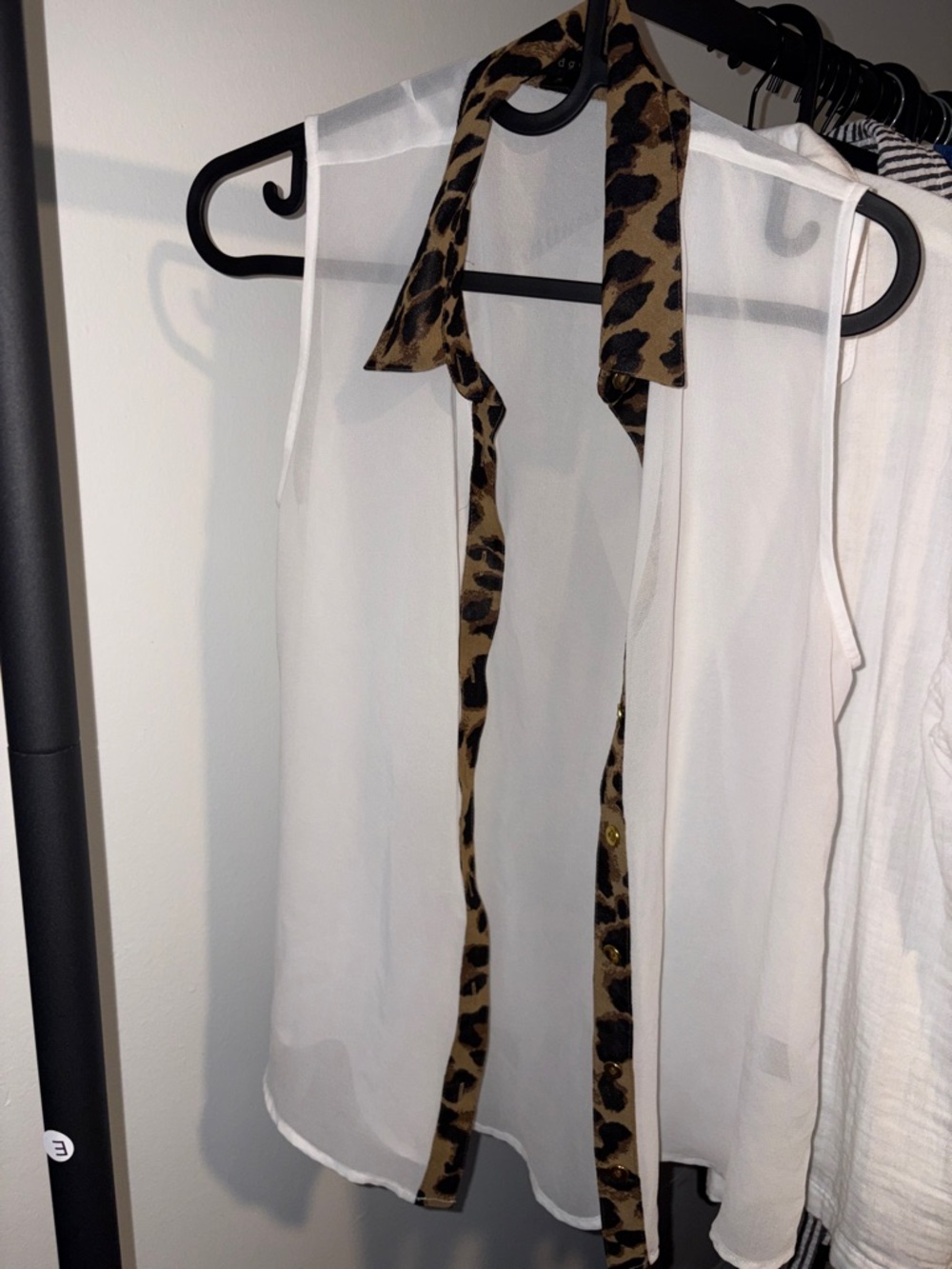 edge White Blouse with Leopard-Print Trim
